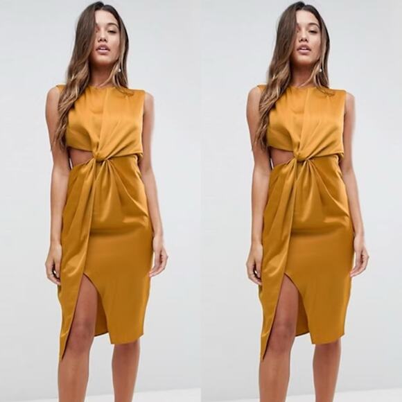 ASOS Golden Yellow Twist Front Satin Cutout Pencil Dress - Picture 1 of 11